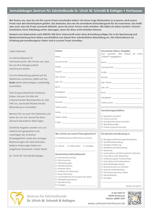 Anmeldebogen Zahnarztpraxis
